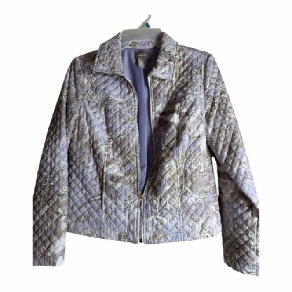 Chico's Quilted Puffer Jacket in Gray and Cream